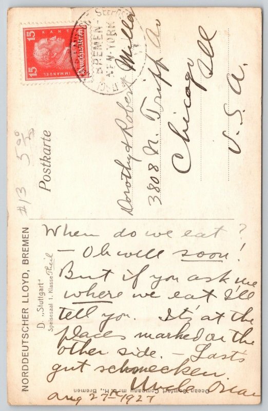 Norddeutscher Lloyd Steamship Stuttgart~Dining Hall~Our Places Marked~c1927 RPPC