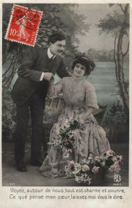 VINTAGE POSTCARD MOUSTACHED MAN GREETING ELEGANT WOMAN WITH FLOWERS c. 1915