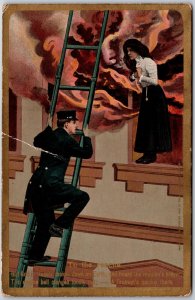 Fireman Climbs Ladder to Save A Woman Burning Building, Vintage Postcard