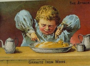 1870's-80's Granite Iron Ware The Attack Hungry Boy Eating Food P45