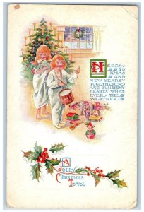 Christmas Postcard Christmas Tree And Childrens Playing Toys Berries Embossed