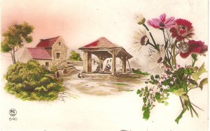 Village Scene. Flowers Old vintage French postcard