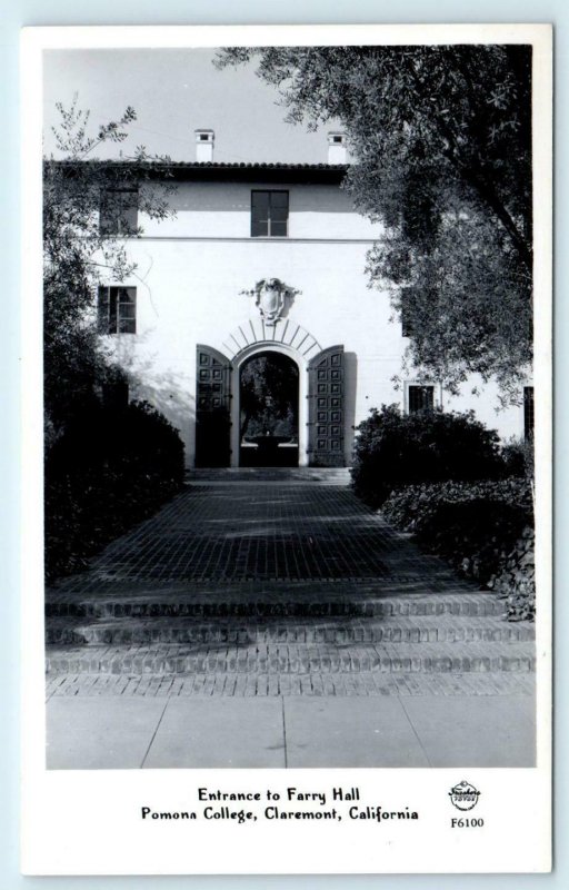 RPPC CLAREMONT, CA ~ POMONA COLLEGE Farry Hall c1940s  Frasher Postcard