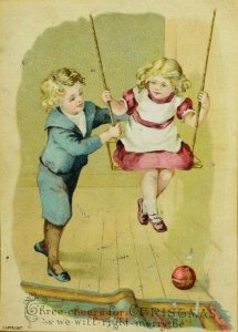 1880's Christmas Card Adorable Boy Pushing Cute Girl On Swing Toy Ball P94