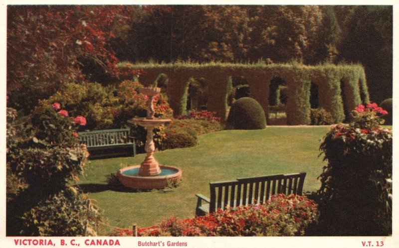 Vintage Postcard Butchart's Garden Fountain Landscape Victoria B. C. Canada