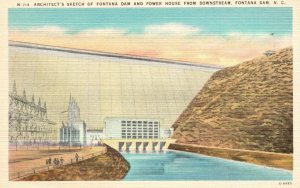 Vintage Postcard 1920's Fontana Dam & Power House From Downstream North Carolina