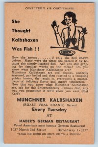 Milwaukee Wisconsin WI Postcard Munchner Kalbshaxen Fish German Restaurant c1940