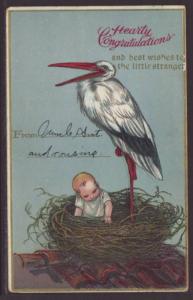 Hearty Congratulations Birth Stork,Nest,Baby Postcard 