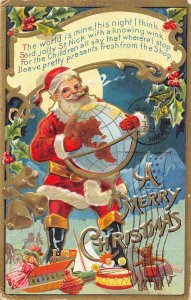 Santa Claus Holding Globe World Earth Merry Christmas 1910 postcard