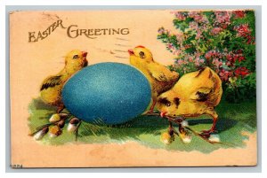 Vintage 1922 Easter Postcard Embossed Giant Blue Egg Cute Chicks Pink Flowers