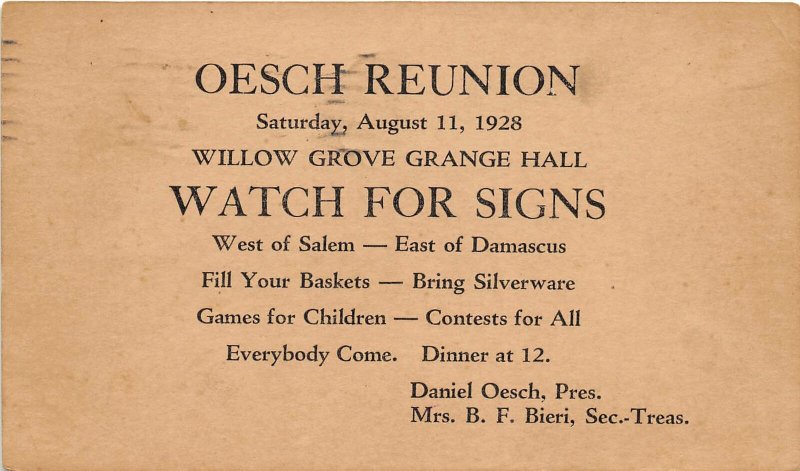 F41/ Salem Ohio Postcard Columbiana County c1928 Oesch Reunion Grange Hall 21