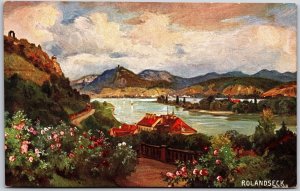 Rolandseck Germany, Hand Colored Mountain Lake and Garden Landscape Postcard