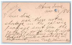 1883 No Shortage in Express Package Johnson Atkins IA Clinton IA Postal Card