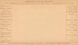U.S. 1870 Oak Hall Advert American House Hotel Boston Chipman`s anti moth carpet
