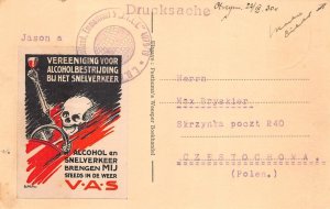 WEESP NETHERLANDS NIEUWSTAD SKULL ALCOHOL DRIVING POSTER STAMP POSTCARD 1930