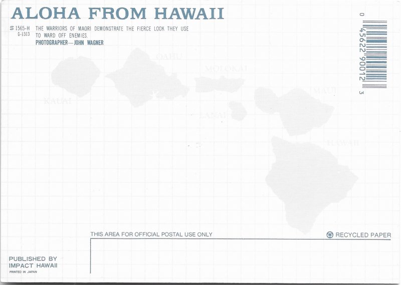 US Hawaii unused.  Warriors of Maori. Map on back side.