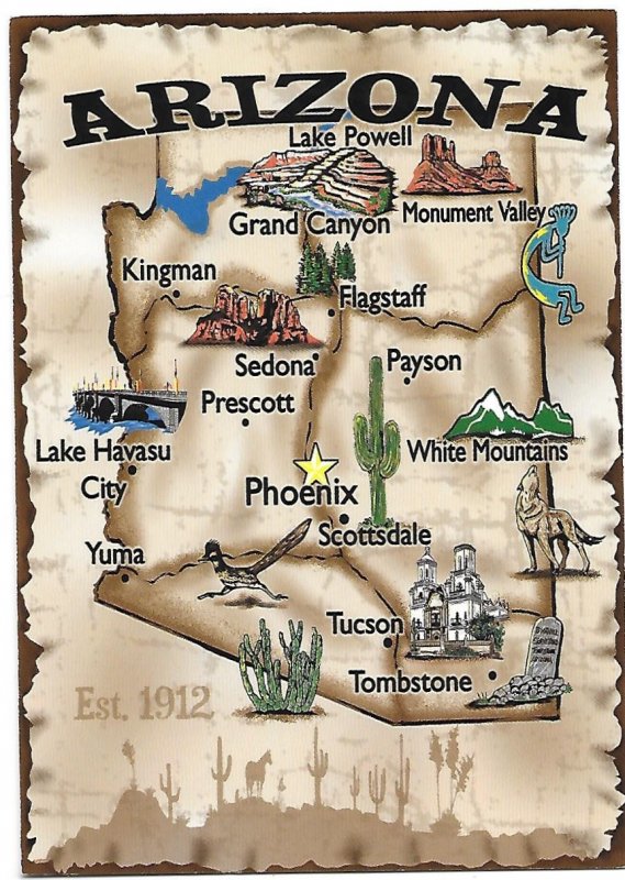 Map Card of the State of Arizona 48th State 2-14-1912 4 by 6 size