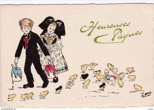 EASTER, 1900-10s, Heurcuses Paques; Boy & Girl, paint buckets, chicks, eggs...