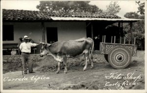 Costa Rica Farmer with Ox and Cart Real Photo Vintage Postcard