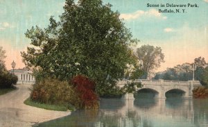 Vintage Postcard Scene Delaware Park Bridge Roadway Building Buffalo New York NY