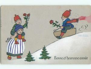 Pre-Linen new year foreign FRENCH KIDS PLAY ON TOBOGGAN SLED k5111