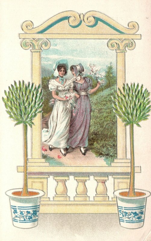 Vintage Postcard Beautiful View Potted Plants On Each Side Two Young Women Frame