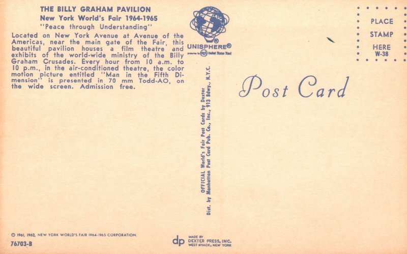 ​Vintage Postcard Billy Graham Pavilion At The New York World's Fair NY