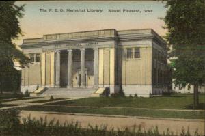 Mt. Mount Pleasant IA PEO Library Hand Colored Postcard