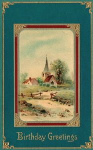 Vintage Postcard 1910's Birthday Greetings Church and Home Scene Embossed