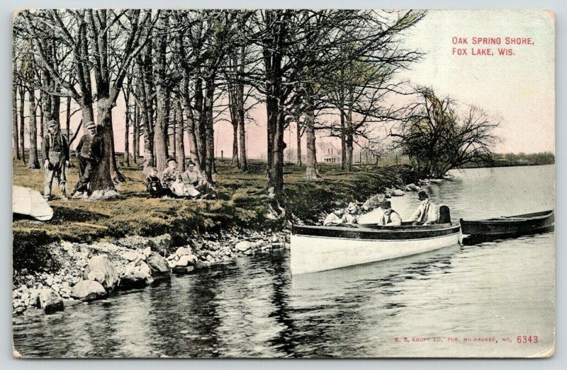 Fox Lake Wisconsin~Oak Spring Shore~Family on Bank~Fellas in Fishing Boat~1911 