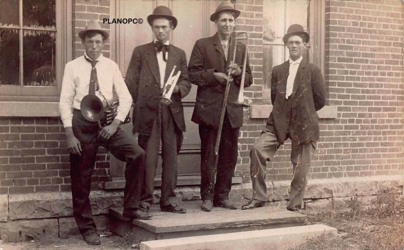 THREE PIECE HORN BAND MUSICIANS-EARLY 1900'S RPPC REAL PHOTO POSTCARD