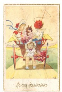 Heureux Anniversaire, Happy Birthday, Children, Cart, Vintage Belgium Postcard