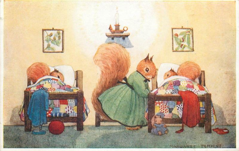 Bedtime by Margaret Tempest Antropomorphic Squirells Medici fantasy postcard