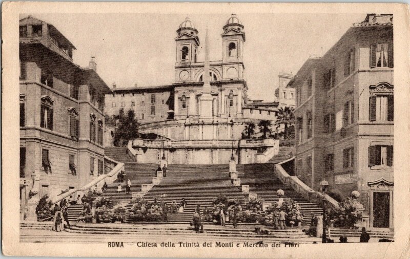 Roma Chiesa Della trinita Dei Monti Mercato Dei Firenze Postcard Vtg WOB Antique 