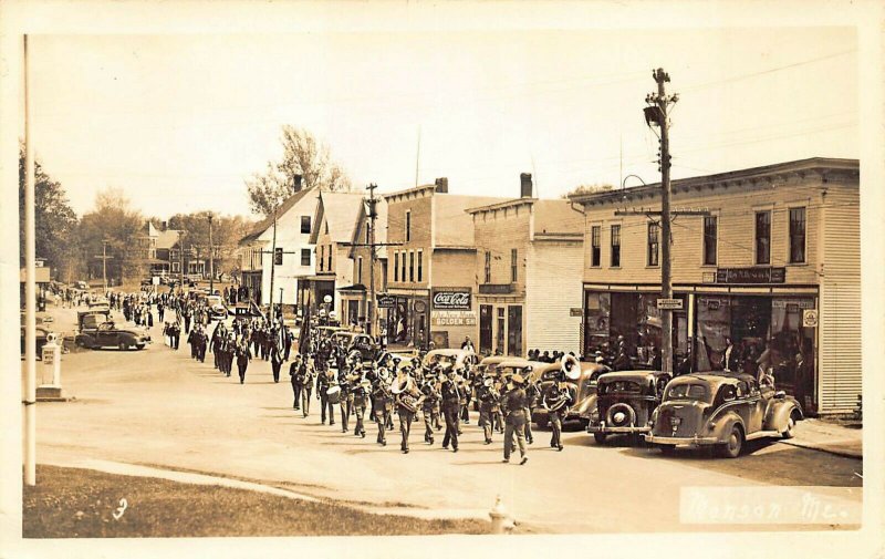 Monson ME Main Street Shell Gas Pumps Parade Real Photo Postcard