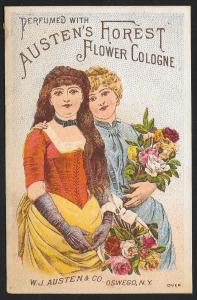 VICTORIAN TRADE CARD Austens Forest Cologne 2 Pretty Ladies With Bouquets