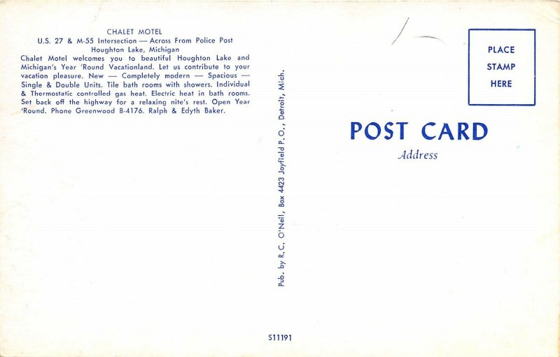 Houghton Lake Michigan 1950-60s Postcard Chalet Motel