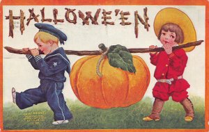 J87/ Halloween Postcard Holiday c1910 Kids Pumpkin Hauling 58