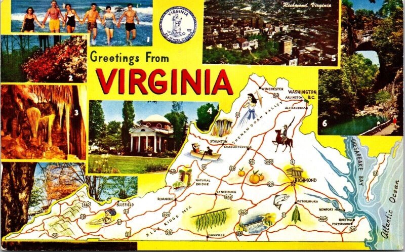 Greetings Virginia VA Labeled Scenic Areas Map Bridge PPL City Postcard Unused 