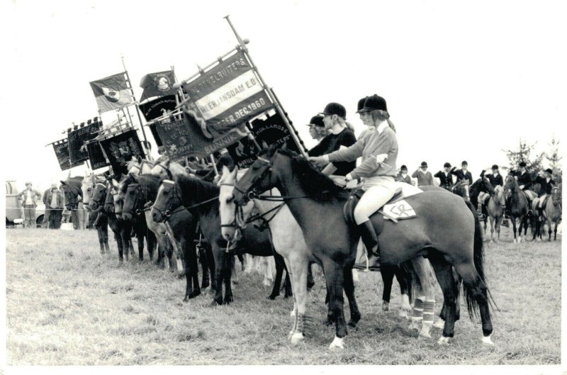 Hippique sport horses group horse riders flag parade 1974 RPPC 03.95