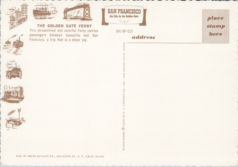 Golden Gate Ferry CA California Sausalito to San Francisco Unused Postcard C1