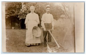 c1910's Old Man Woman Lawn Garden Mowing Mower RPPC Photo Antique Postcard