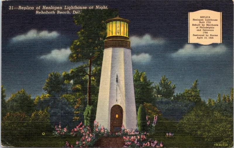 postcard DE Helopen Lighthouse (Replica) at Night at Rehoboth Beach