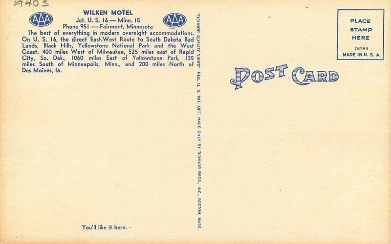 Fairmount Minnesota 1940s Wilken Hotel roadside Interior Postcard 12298 