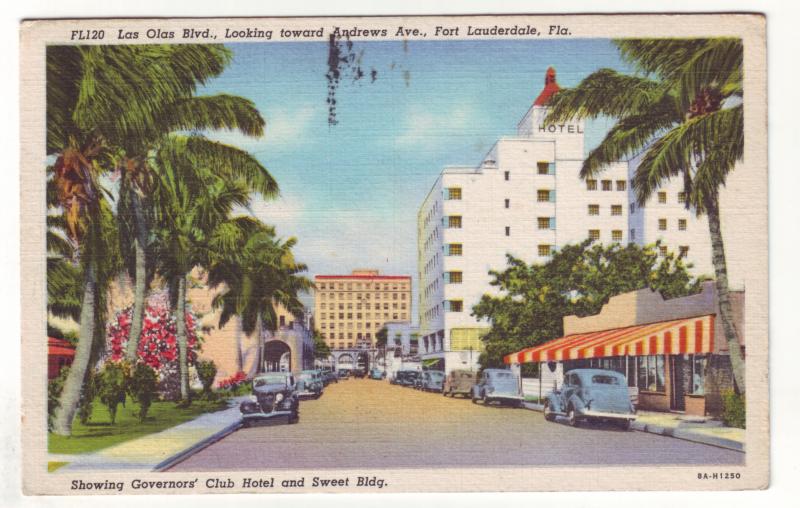 P325 JLs postcard 1938 old cars buildings ft laurderdale florida used