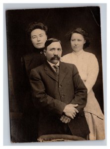 Vintage 1910's RPPC Postcard Studio Portrait of Man Bushy Mustache & Family