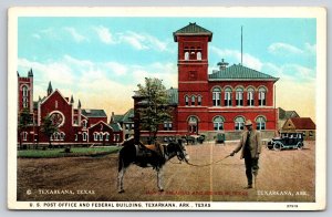Texarkana Arkansas~US Post Office~Federal Bldg~Man w/Mule~Tower~1920s Postcard