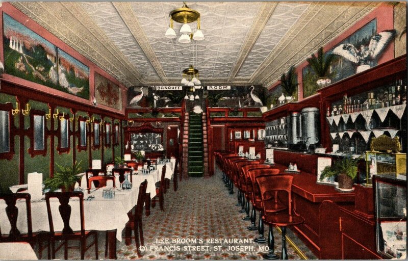 Interior Lee Broom's Restaurant, Francis Street St. Joseph MO c1915 Postcard C74