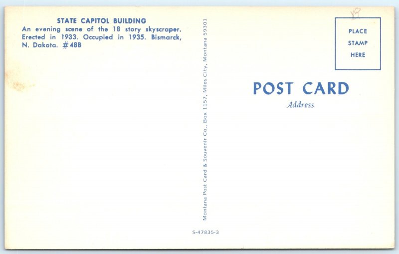 c1970s Bismarck, ND Night State Capitol 1933 Art Deco Skyscraper Chrome PC A310