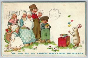 Rabbit Juggling Eggs Draws A Dutch Crowd, Antique 1914 Tuck Easter Postcard